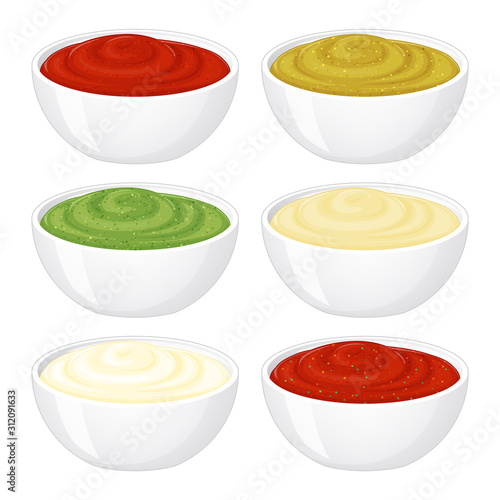 set of sauces on white background. Cartoon style. Vector illustration. Isolated on white. Object for packaging, advertisements, menu. Ketchup, mayonnaise, mustard, wasabi, sour cream.