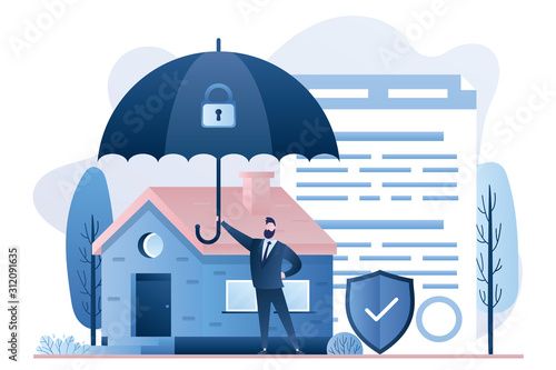 Home insurance concept. Businessman hold umbrella, modern cottage and paper agreement. Warranty and shield symbol. photo
