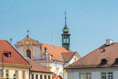 Obraz na płótnie Historic houses on main square in Litomerice with blue sky, Simple and clean concept for wallpapers, Czech republic w salonie