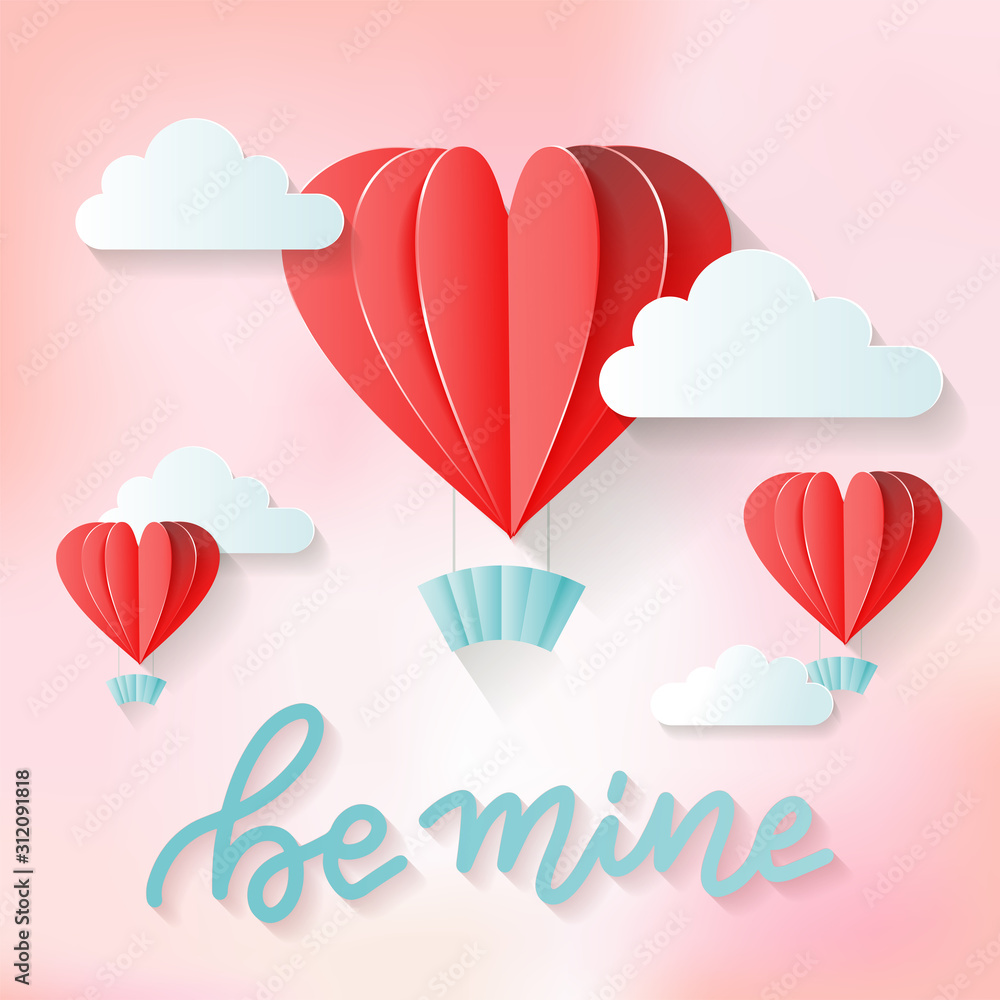 Be mine - love lettering quote. Valentine's day background, greeting card, sweet pink holiday invitation party with hot air heart shaped red balloons. Vector illustration