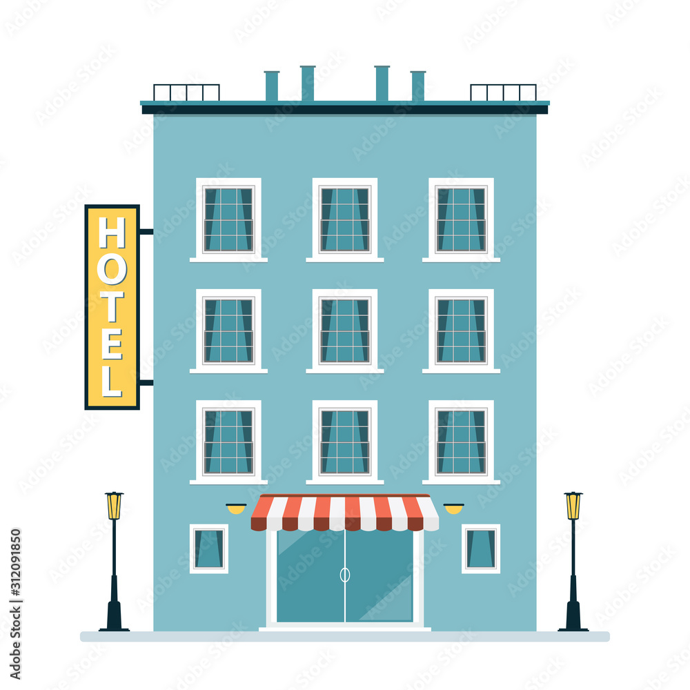 Obraz premium Cartoon Hotel building. Hostel or apartment isolated on white background. Building exterior view