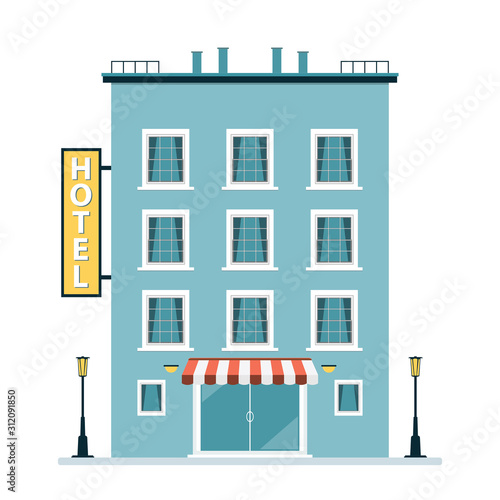 Cartoon Hotel building. Hostel or apartment isolated on white background. Building exterior view