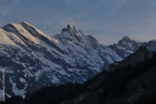 The gorgeous Bernese Alps view south of Murren, Switzerland at dusk.