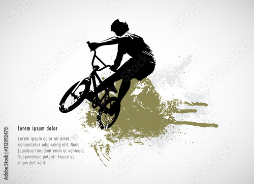 Active man. BMX rider in abstract sport landscape background, vector.