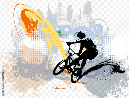 Active man. BMX rider in abstract sport landscape background, vector.