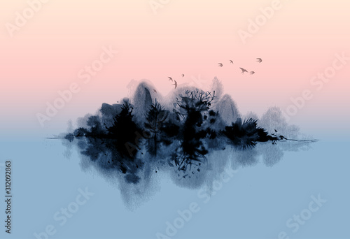 Misty island with forest trees and birds in sunrise sky. Ink wash painting. Traditional oriental ink painting sumi-e, u-sin, go-hua.