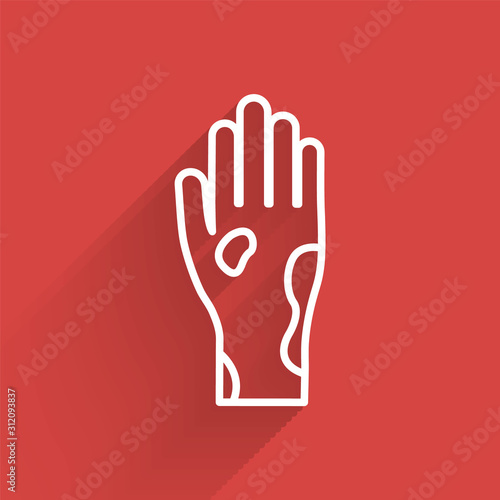 White line Hand with psoriasis or eczema icon isolated with long shadow. Concept of human skin response to allergen or chronic body problem.  Vector Illustration