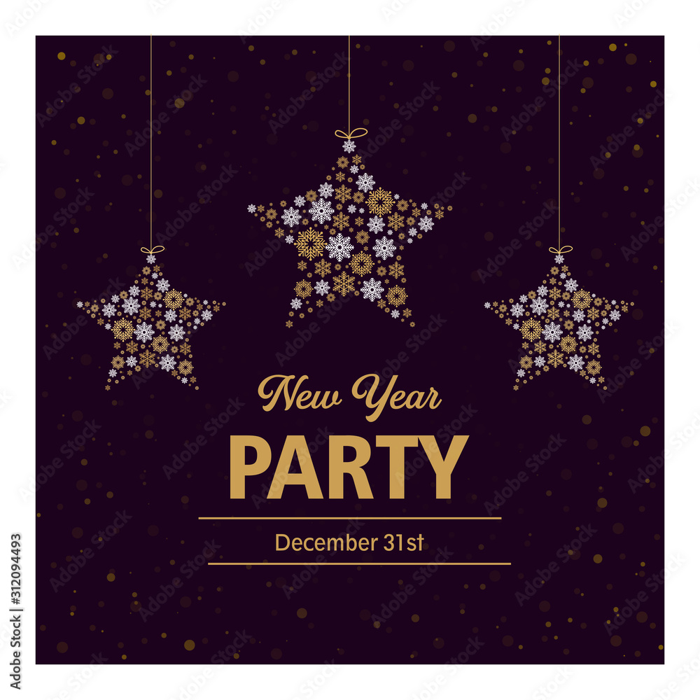 New year party invitation card. Can be used as a banner, poster, postcard, flyer. Vector illustration with snowflakes in the form of a star of golden and white color and text on isolated background