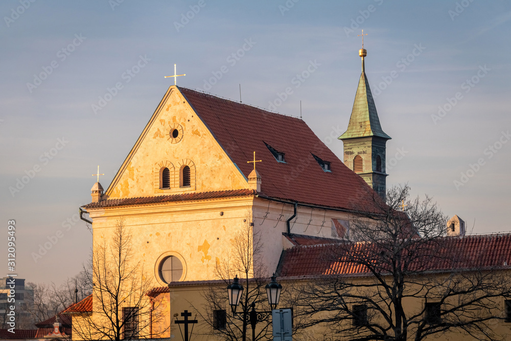 Beautiful sunset over Our Lady of the Angels church in Prague, Czechia