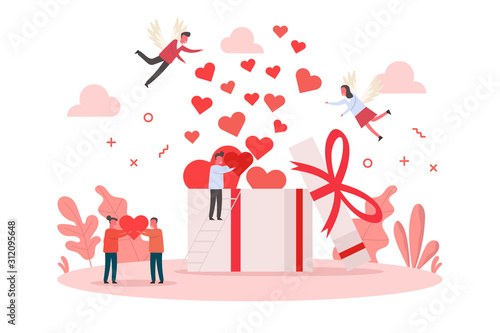 concept of valentine day and angel bring gift box with heart inside to lovely tiny couple, flat vector illustration for web, landing page, ui, banner, editorial, mobile app and flyer