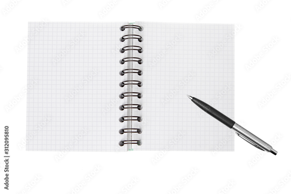 Open notebook in a cage with a spiral and a pen lies on a white isolated background. Business background. Flat layout, mockup. Planning, creative. Open notebook in a cage with a spiral and a pen lies on a white isolated background. Business background. Flat layout, mockup. Planning, creative.