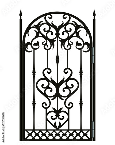 Forged fence. Gothic door, vector design. Decorative garden gate. Metal pattern or iron wicket for garden, castel. Rich ornament. Scroll-work