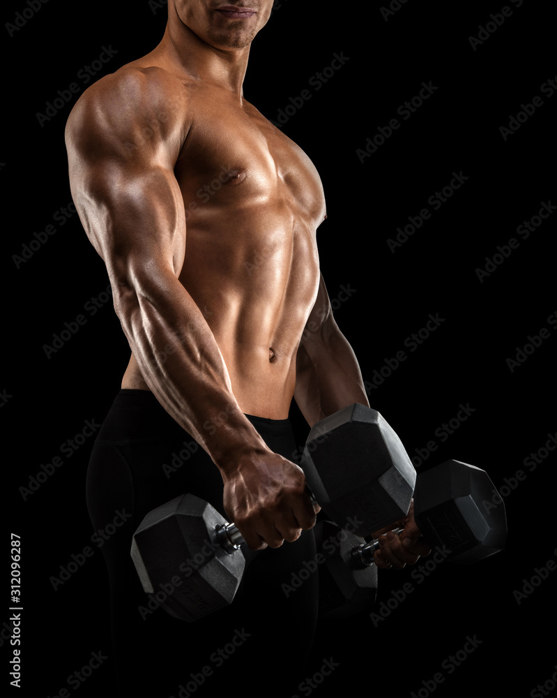 Close up of handsome power athletic mans hand in training pumping up muscles with dumbbell. Strong bodybuilder with six pack perfect abs shoulders biceps triceps and chest Stock Photo Adobe Stock