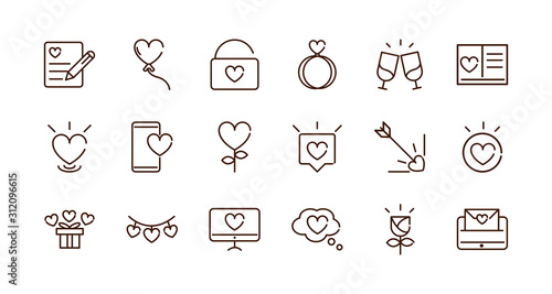 love heart romantic passion feeling related icons collection thick line