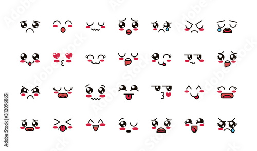 kawaii cute face expressions eyes and mouth icons set
