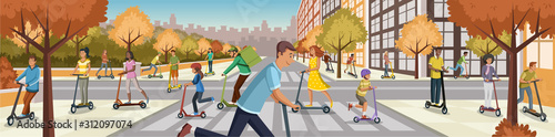 People driving electric scooters through the city. Cartoon people riding modern scooters.