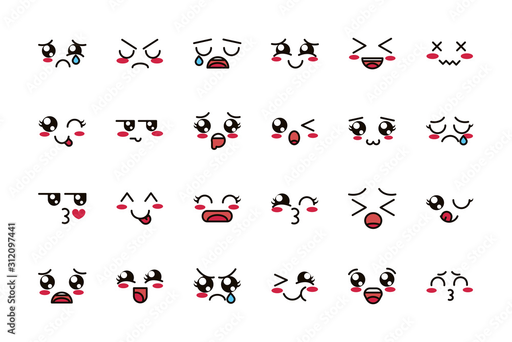 kawaii cute face expressions eyes and mouth icons set vector