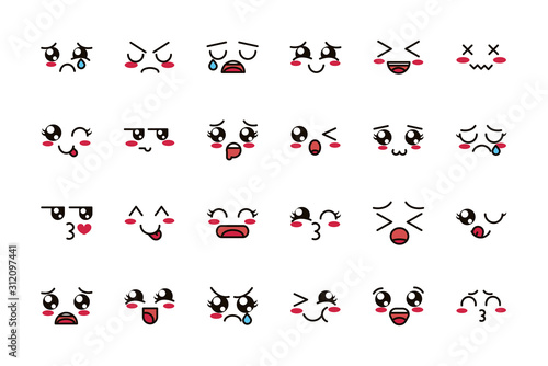 kawaii cute face expressions eyes and mouth icons set