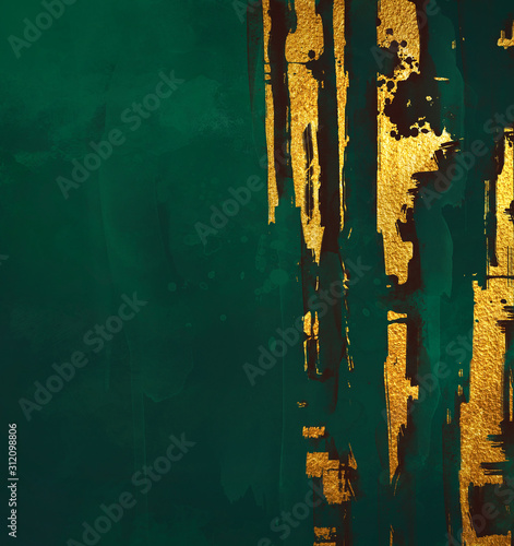 golden abstract elements on a stylish dark green background with watercolor texture photo