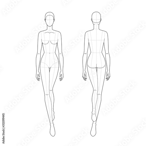 Fashion template of walking lady with main lines. 