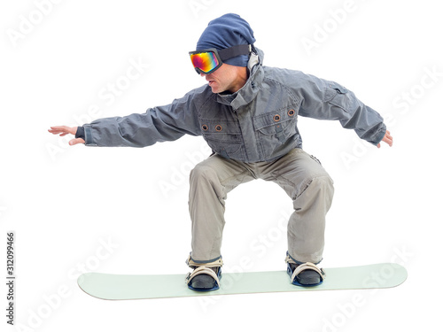 Snowboarder with snowboard deck. Isolated on a white background.