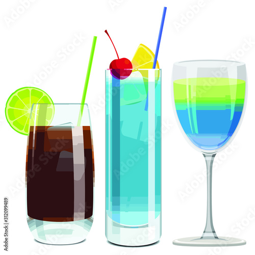 Vector lemon and hawaiian blue cocktail isolated on white background