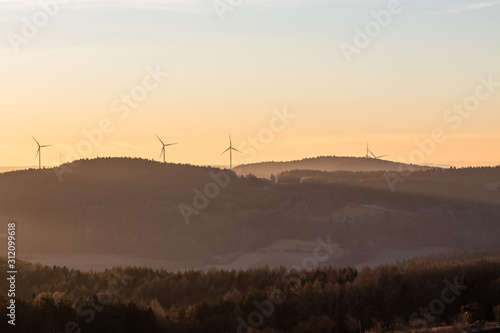 wind turbines at sunrise franconian switzerland