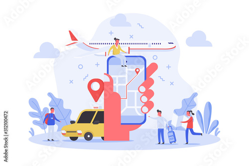 concept of online travel and transportation with smart phone on human hand and tiny traveler people, flat vector illustration for web, landing page, ui, banner, editorial, mobile app and flyer