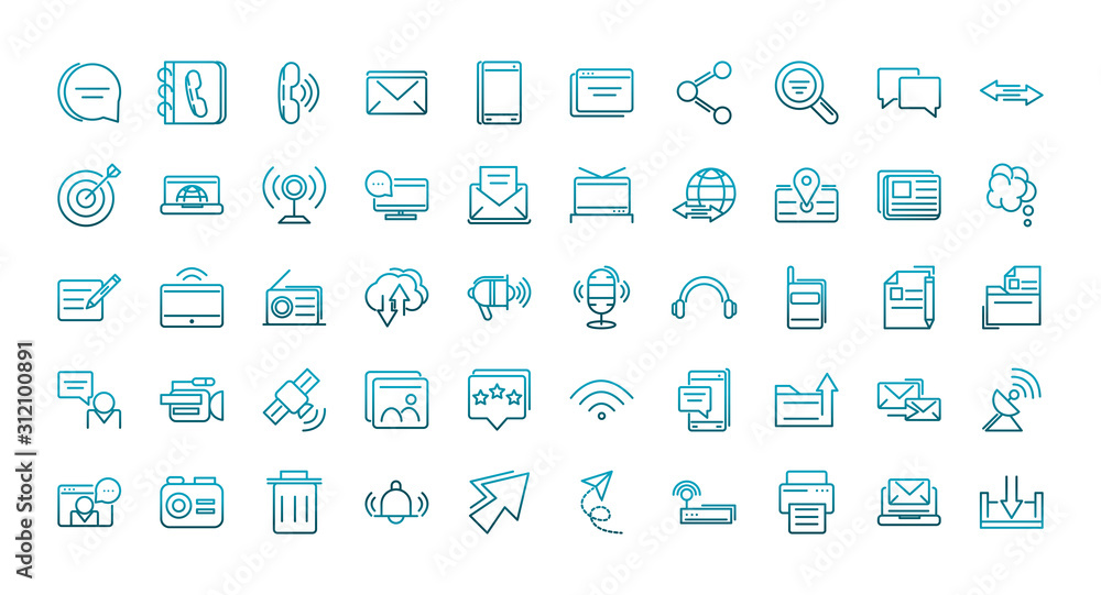communications talk information broadcast icons set gradient line communications talk information broadcast icons set gradient line