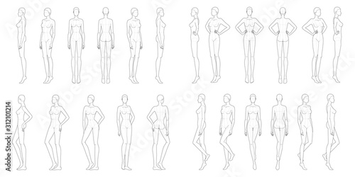 Fashion template 9 head for technical drawing with main lines. 
