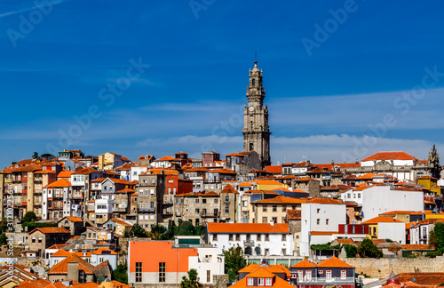 Old town Porto with tower Clerigos (Torre dos Clérigos) view with colorful houses, Portugal.