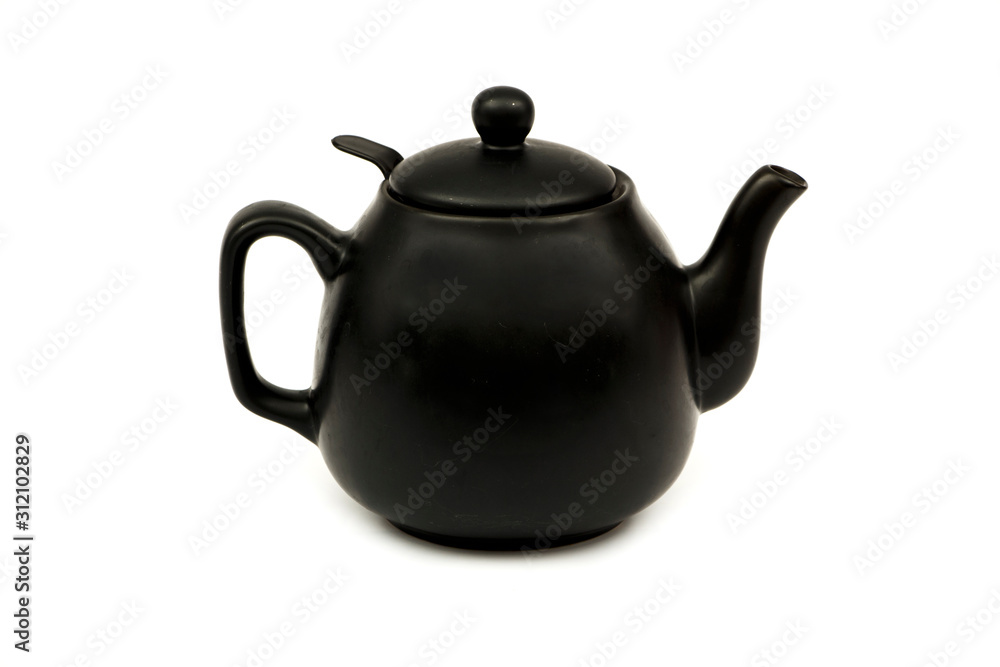 Black ceramic teapot for tea Isolated on a white background. Black teapot for tea on a white background. Black ceramic teapot for tea Isolated on a white background. Black teapot for tea on a white background.