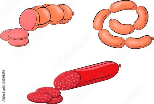 Isolated vector illustration of a sausages on white background vibrant colors. Tasty food. Sausages for menu. Colored vector illustration.