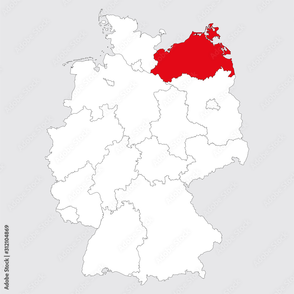Mecklenburg vorpommern province highlighted red on germany map. Gray background. German political map.