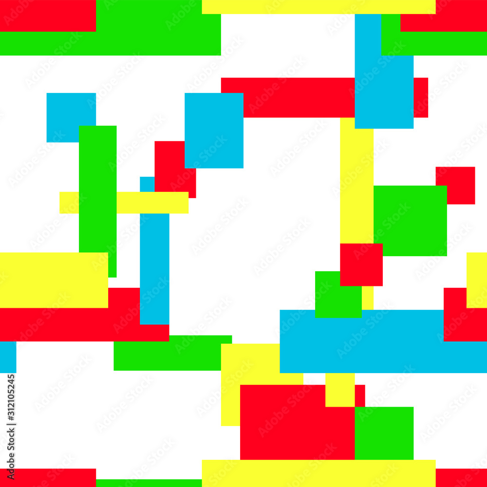 Geometric seamless pattern. Red, blue, green, yellow rectangles and squares, white background. Bright multicolor shapes. Narrow and thick strips. Vector abstract minimalist design. EPS10 illustration Geometric seamless pattern. Red, blue, green, yellow rectangles and squares, white background. Bright multicolor shapes. Narrow and thick strips. Vector abstract minimalist design. EPS10 illustration