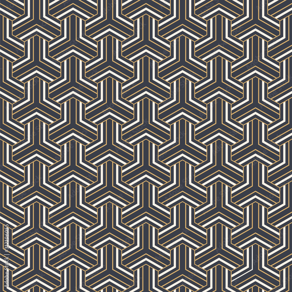 Abstract seamless pattern. Striped linear geometric tiles with triple weaving elements.