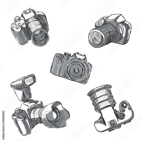 A set of SLR cameras in different positions are drawn by hand