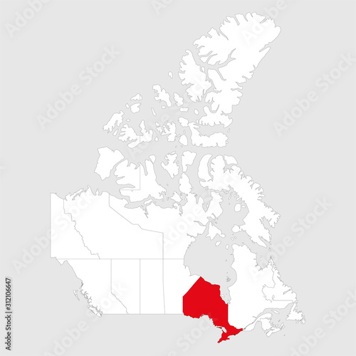 Ontario province marked red on canada map. Gray background. Canadian political map.
