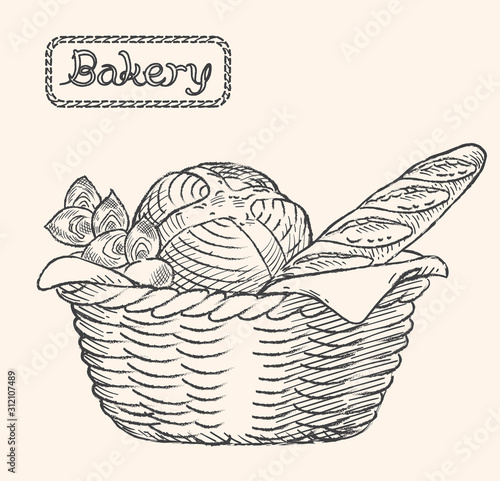 パン屋さんのかごに入ったハードパン。パン素材。ビンテージ、レトロ調。