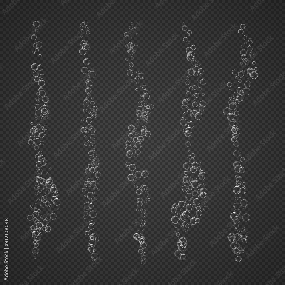 Realistic air bubbles rise from the depths of the ocean, sea or soda pop, champagne glass isolated on a transparent background. Champagne fizzy on black closeup. Vector illustration underwater bubble Realistic air bubbles rise from the depths of the ocean, sea or soda pop, champagne glass isolated on a transparent background. Champagne fizzy on black closeup. Vector illustration underwater bubble