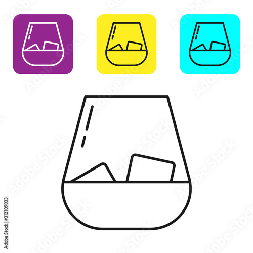 Black line Glass of whiskey and ice cubes icon isolated on white background. Set icons colorful square buttons. Vector Illustration