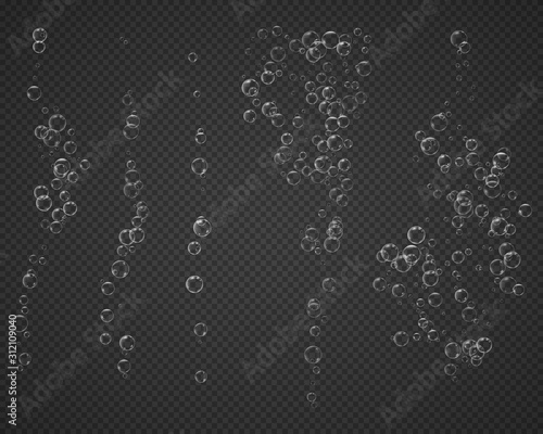 White air effervescent bubbles rise from the depths of the ocean, sea or soda pop, champagne glass isolated on a transparent background. Champagne fizzy on black closeup. Vector illustration