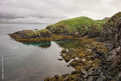 The landscape of Puffin Marina and Borgarfjardarhofn with rocks and water bay in Iceland