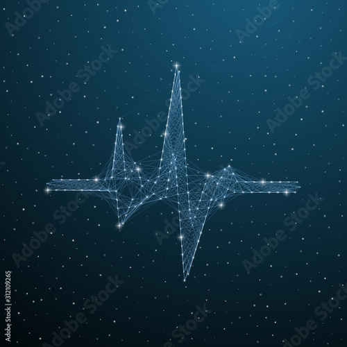 Heartbeat medical polygonal rhythm chart. Low poly heart pulse mesh form with lines, dots and triangles on dark blue space. Vector cardiogram illustration