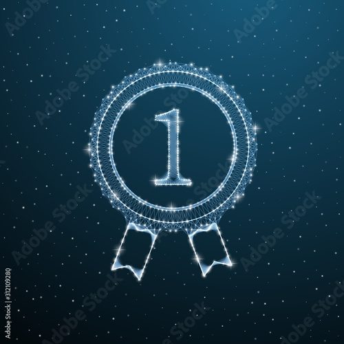 Quality icon check polygonal concept. Wireframe guarantee good product on blue background. Mesh premium choice mark. First palce low poly medal. Vector badge illustration