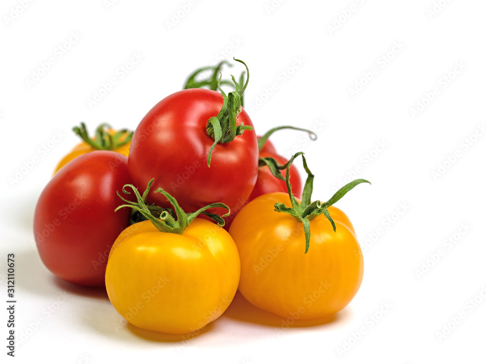 Rote und gelbe Tomaten vor weißem Hintergrund Rote und gelbe Tomaten vor weißem Hintergrund