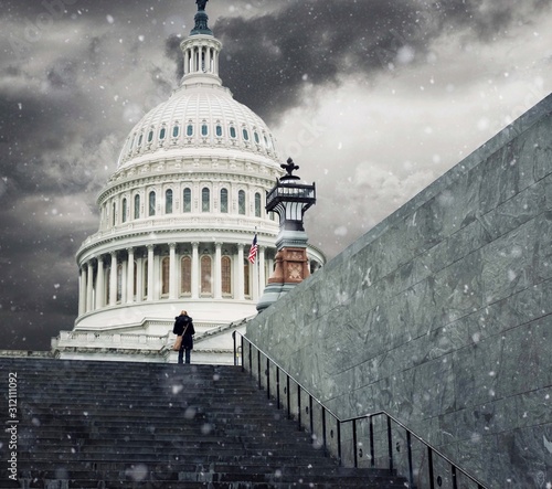 Person standing in front of House of Representatives building on a dramatic day