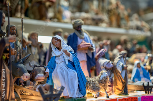 Set of traditional Nativity Scene figures at the Christmas market in Europe