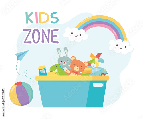 kids zone, filled bucket plastic with toys storage