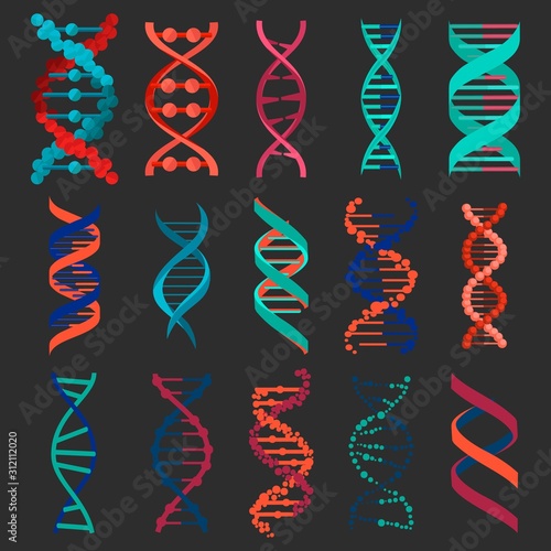 DNA molecule sign set isolated on black background. Genetic elements and icons collection strand. Research helix element. Medical genetic chromosome. Vector illustration
